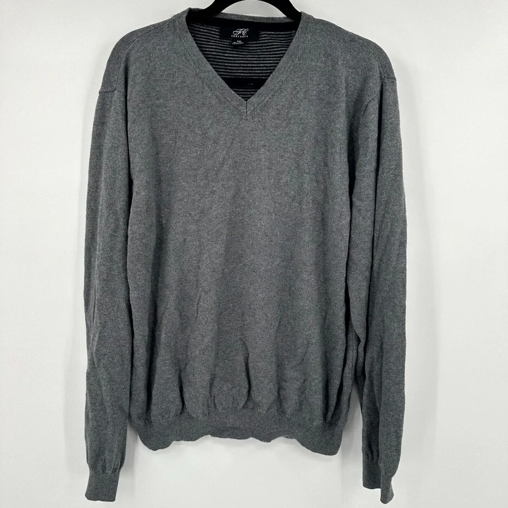 Foxcroft Sweater Mens 2XL Gray Knitted Ribbed Hem Stretch Raglan‎ Sleeve V Neck
